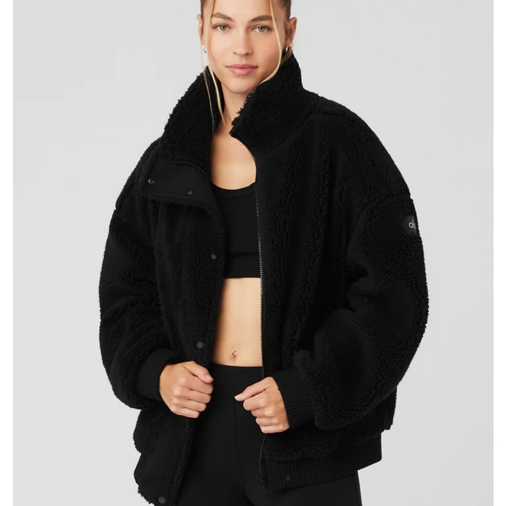 Alo yoga sherpa varsity bomber jacket